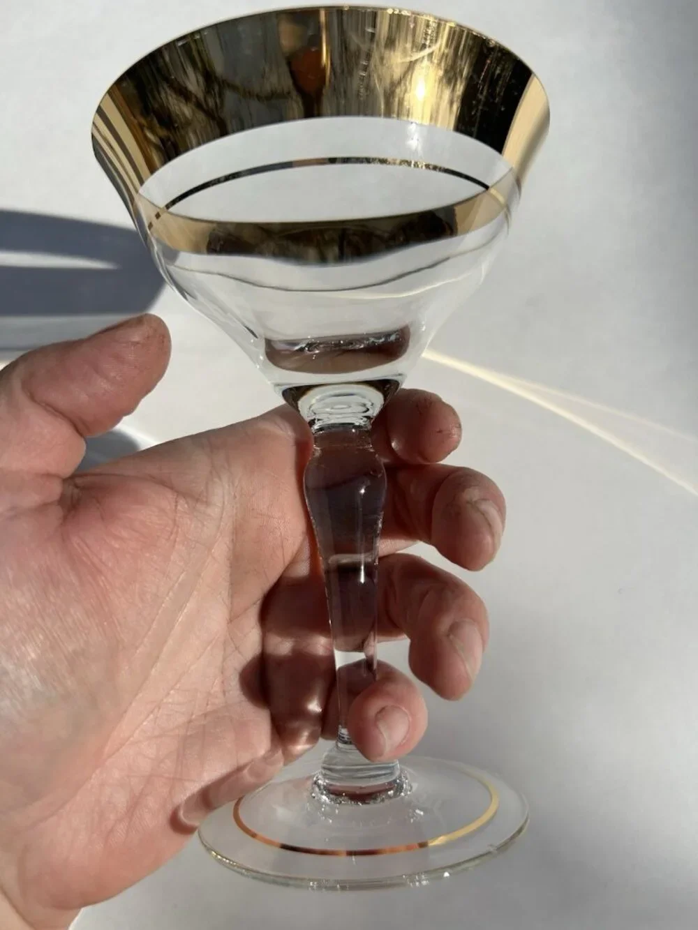 Vintage Set of Two Large Blown Glass Champagne Coupe Wide Gold Rim Glasses MCM